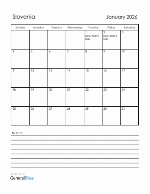 Current month calendar with Slovenia holidays for January 2026