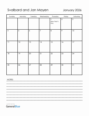 Current month calendar with Svalbard and Jan Mayen holidays for January 2026