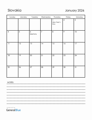 Current month calendar with Slovakia holidays for January 2026