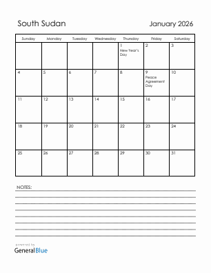 Current month calendar with South Sudan holidays for January 2026