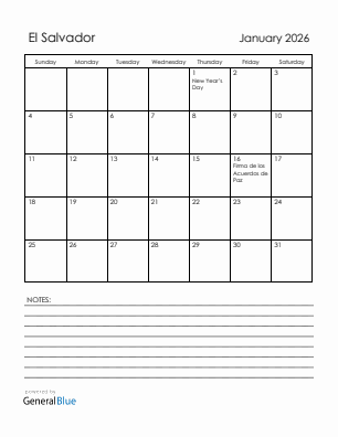Current month calendar with El Salvador holidays for January 2026