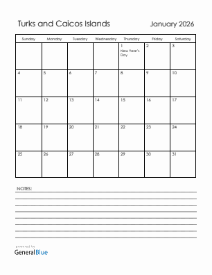 Current month calendar with Turks and Caicos Islands holidays for January 2026