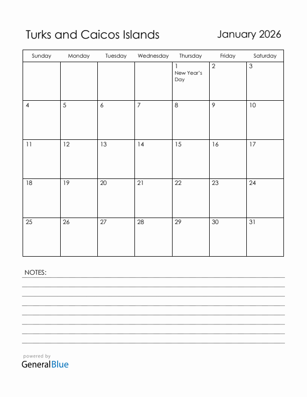 January 2026 Turks and Caicos Islands Calendar with Holidays (Sunday Start)