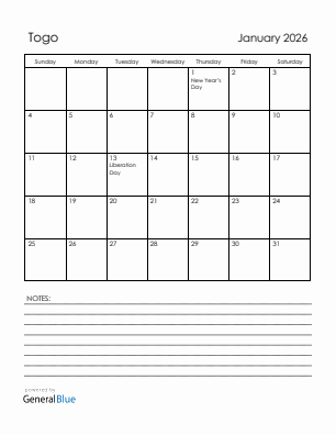 Current month calendar with Togo holidays for January 2026
