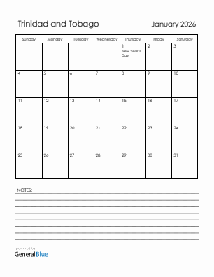 Current month calendar with Trinidad and Tobago holidays for January 2026