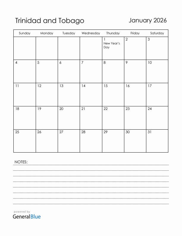 January 2026 Trinidad and Tobago Calendar with Holidays (Sunday Start)