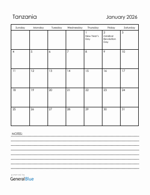 Current month calendar with Tanzania holidays for January 2026