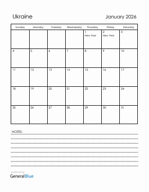 Current month calendar with Ukraine holidays for January 2026