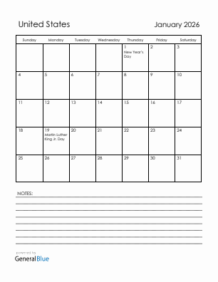 Current month calendar with United States holidays for January 2026