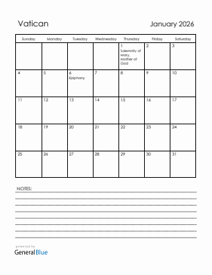 Current month calendar with Vatican holidays for January 2026