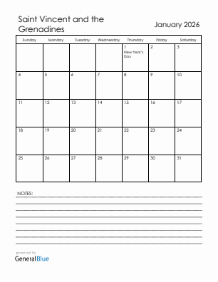 Current month calendar with Saint Vincent and the Grenadines holidays for January 2026