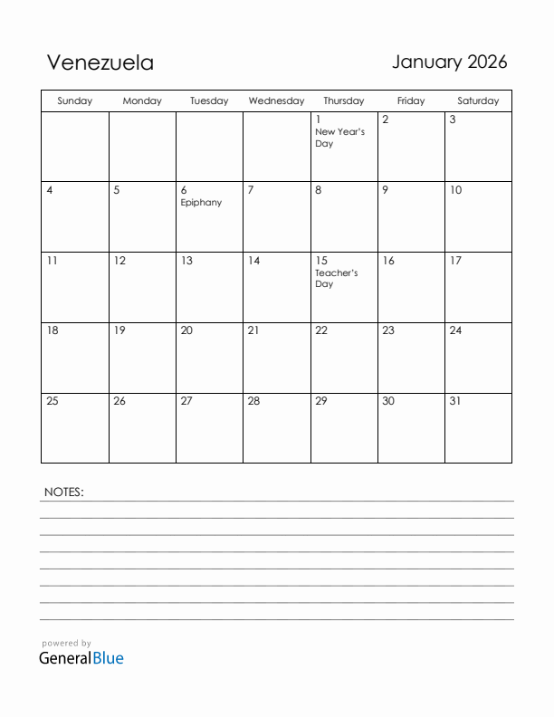 January 2026 Venezuela Calendar with Holidays (Sunday Start)