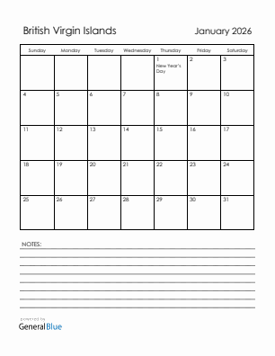 Current month calendar with British Virgin Islands holidays for January 2026