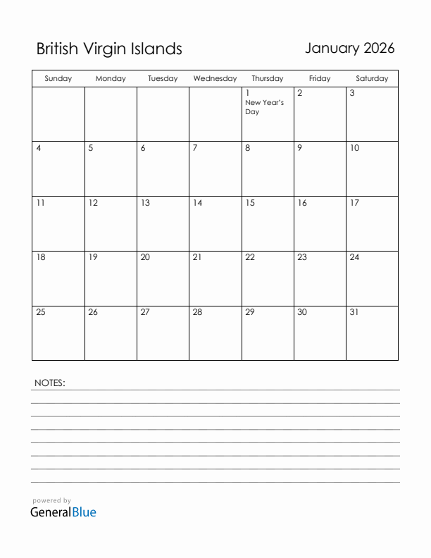 January 2026 British Virgin Islands Calendar with Holidays (Sunday Start)