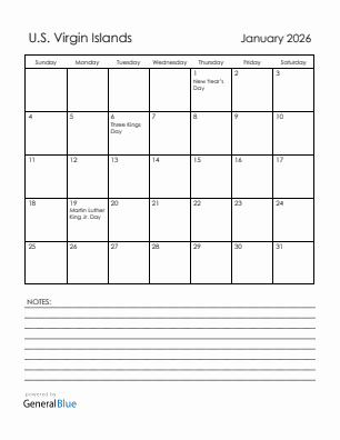 Current month calendar with U.S. Virgin Islands holidays for January 2026