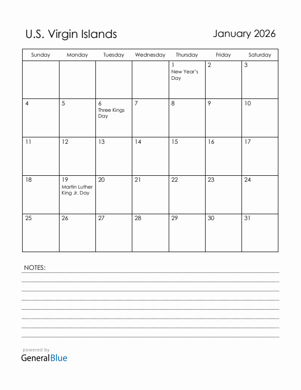 January 2026 U.S. Virgin Islands Calendar with Holidays (Sunday Start)