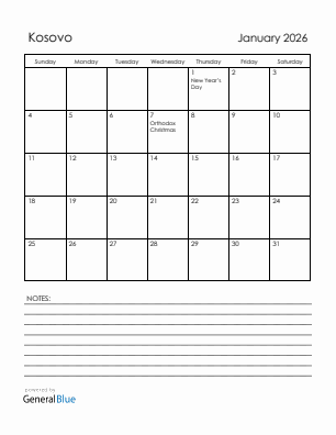 Current month calendar with Kosovo holidays for January 2026