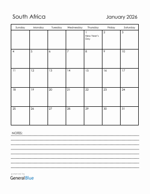 Current month calendar with South Africa holidays for January 2026