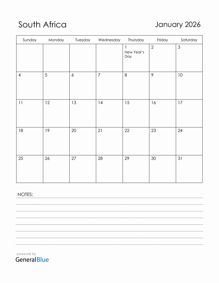 January 2026 South Africa Calendar with Holidays
