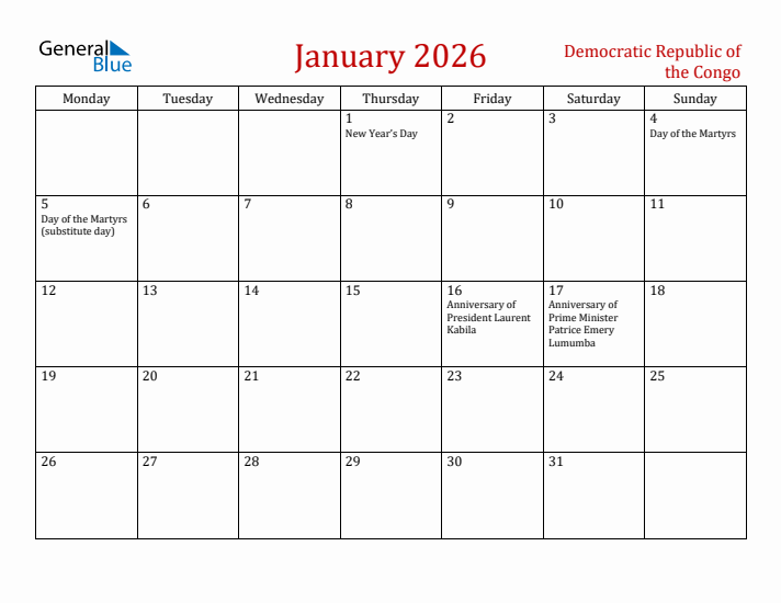 Democratic Republic of the Congo January 2026 Calendar - Monday Start