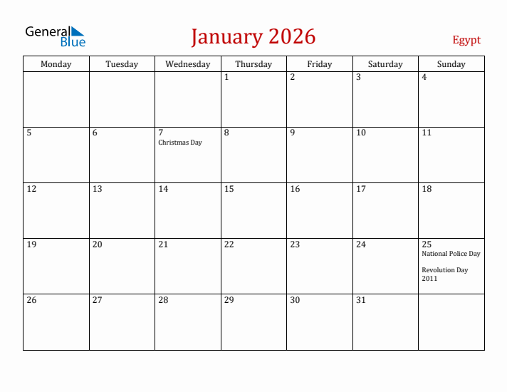 Egypt January 2026 Calendar - Monday Start