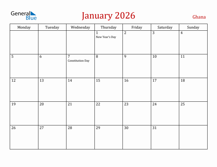 Ghana January 2026 Calendar - Monday Start