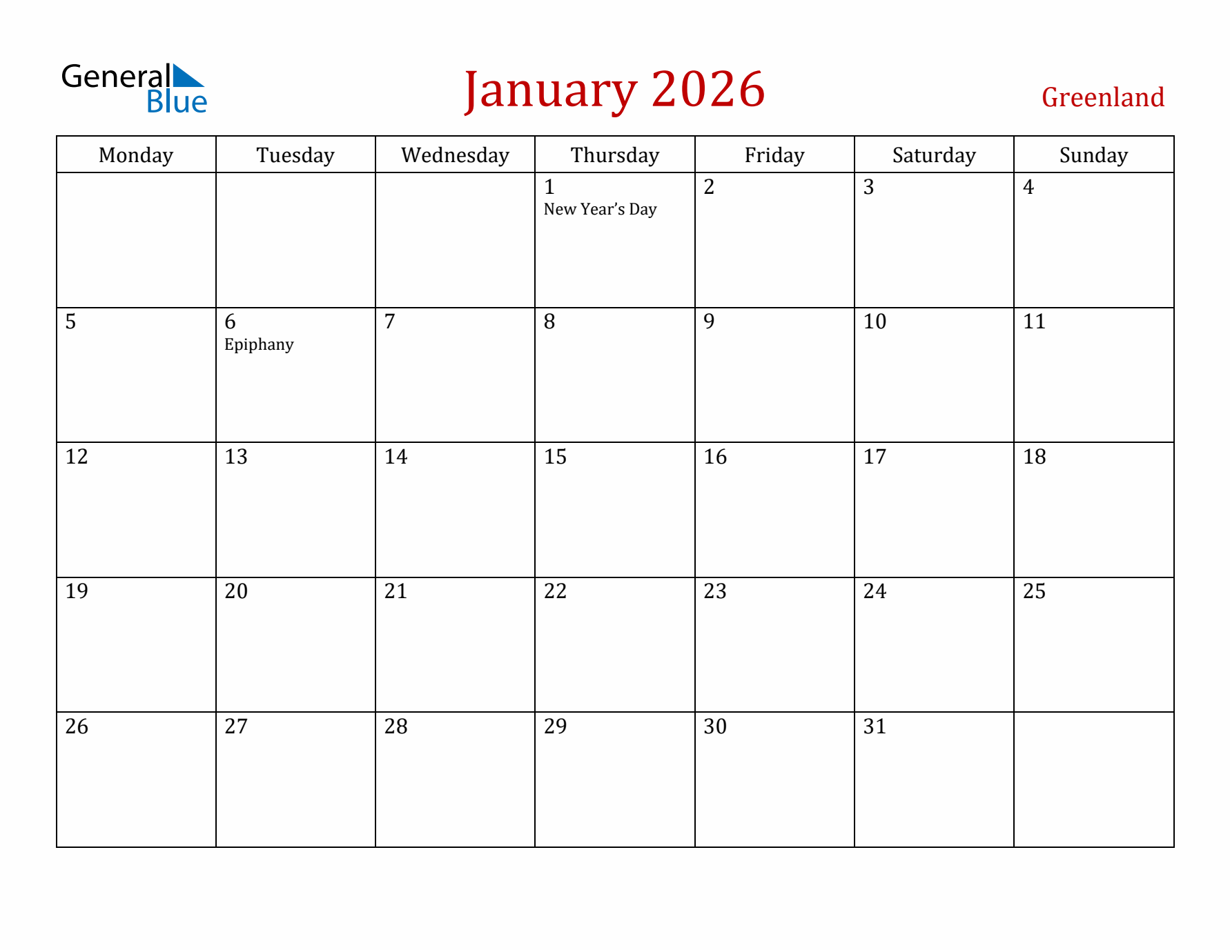 Greenland January 2026 Calendar - Monday Start
