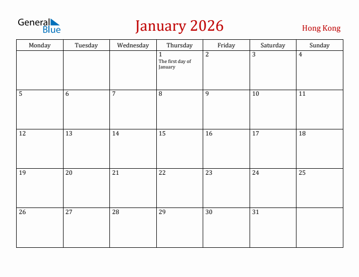 Hong Kong January 2026 Calendar - Monday Start