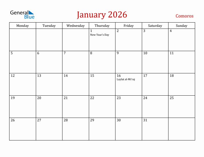 Comoros January 2026 Calendar - Monday Start