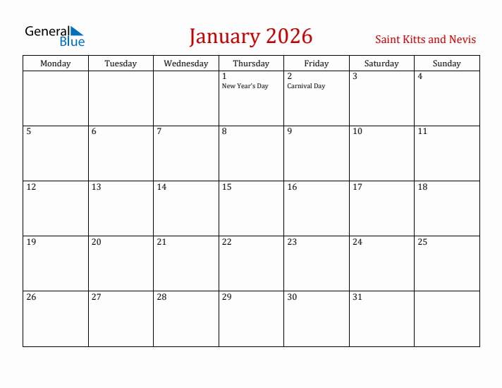 Saint Kitts and Nevis January 2026 Calendar - Monday Start