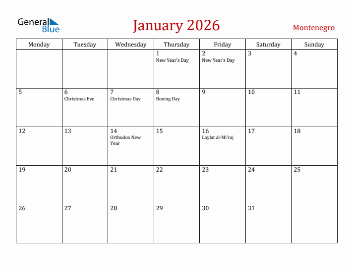 Montenegro January 2026 Calendar - Monday Start