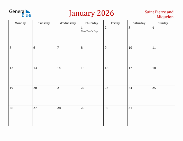 Saint Pierre and Miquelon January 2026 Calendar - Monday Start