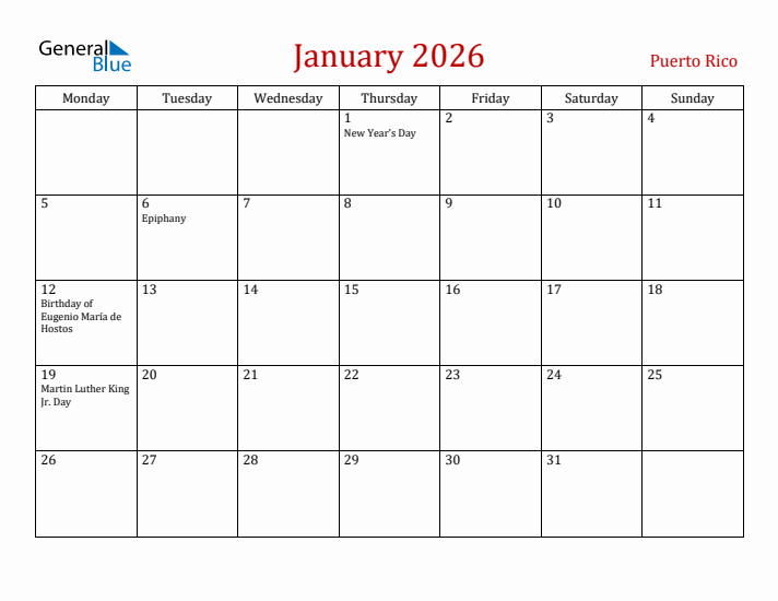 Puerto Rico January 2026 Calendar - Monday Start