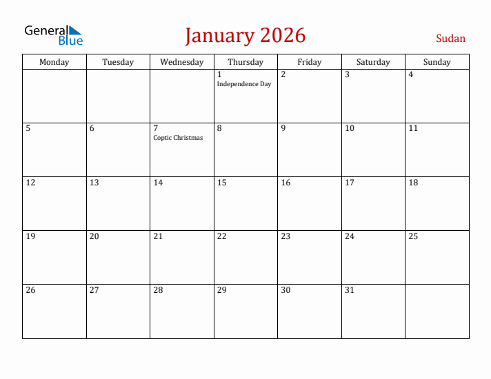 Sudan January 2026 Calendar - Monday Start
