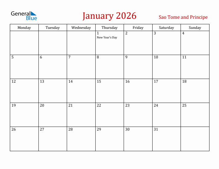 Sao Tome and Principe January 2026 Calendar - Monday Start