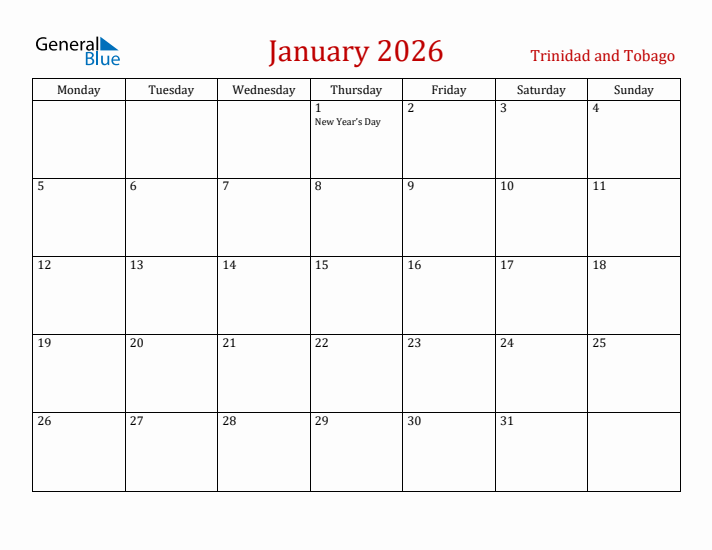 Trinidad and Tobago January 2026 Calendar - Monday Start