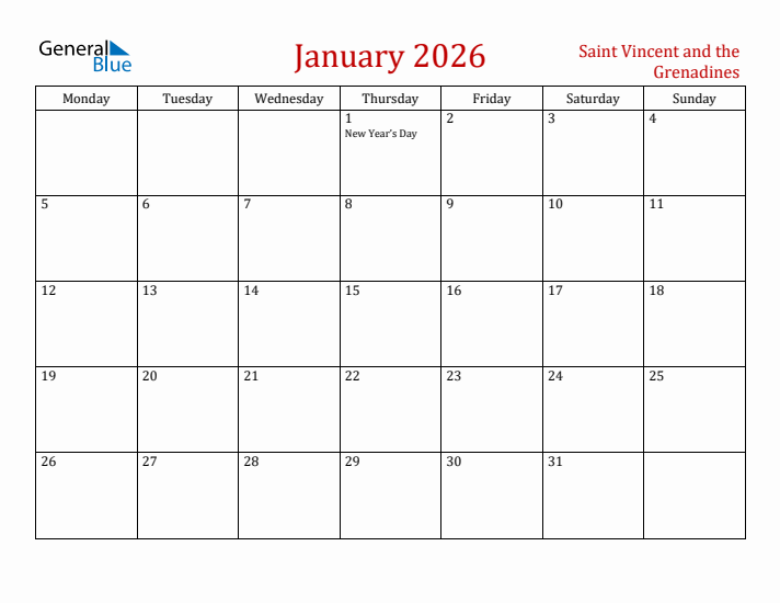 Saint Vincent and the Grenadines January 2026 Calendar - Monday Start