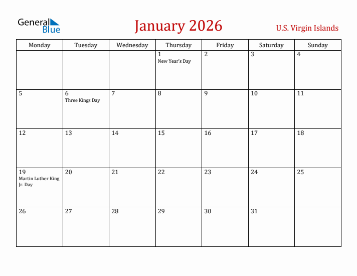 U.S. Virgin Islands January 2026 Calendar - Monday Start