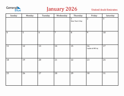 Current month calendar with United Arab Emirates holidays for January 2026