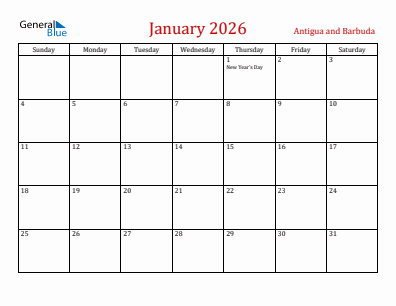 Current month calendar with Antigua and Barbuda holidays for January 2026