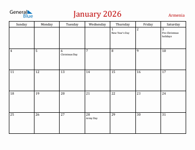 Current month calendar with Armenia holidays for January 2026