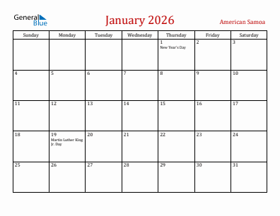Current month calendar with American Samoa holidays for January 2026