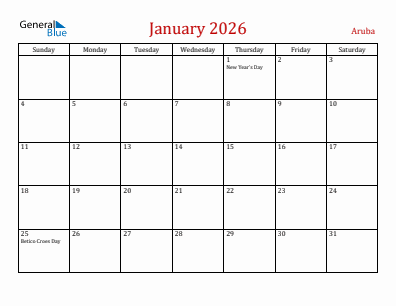 Current month calendar with Aruba holidays for January 2026