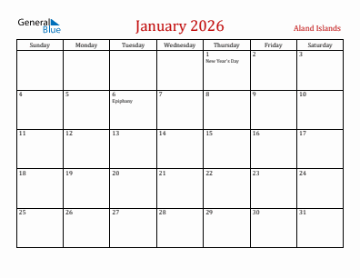 Current month calendar with Aland Islands holidays for January 2026