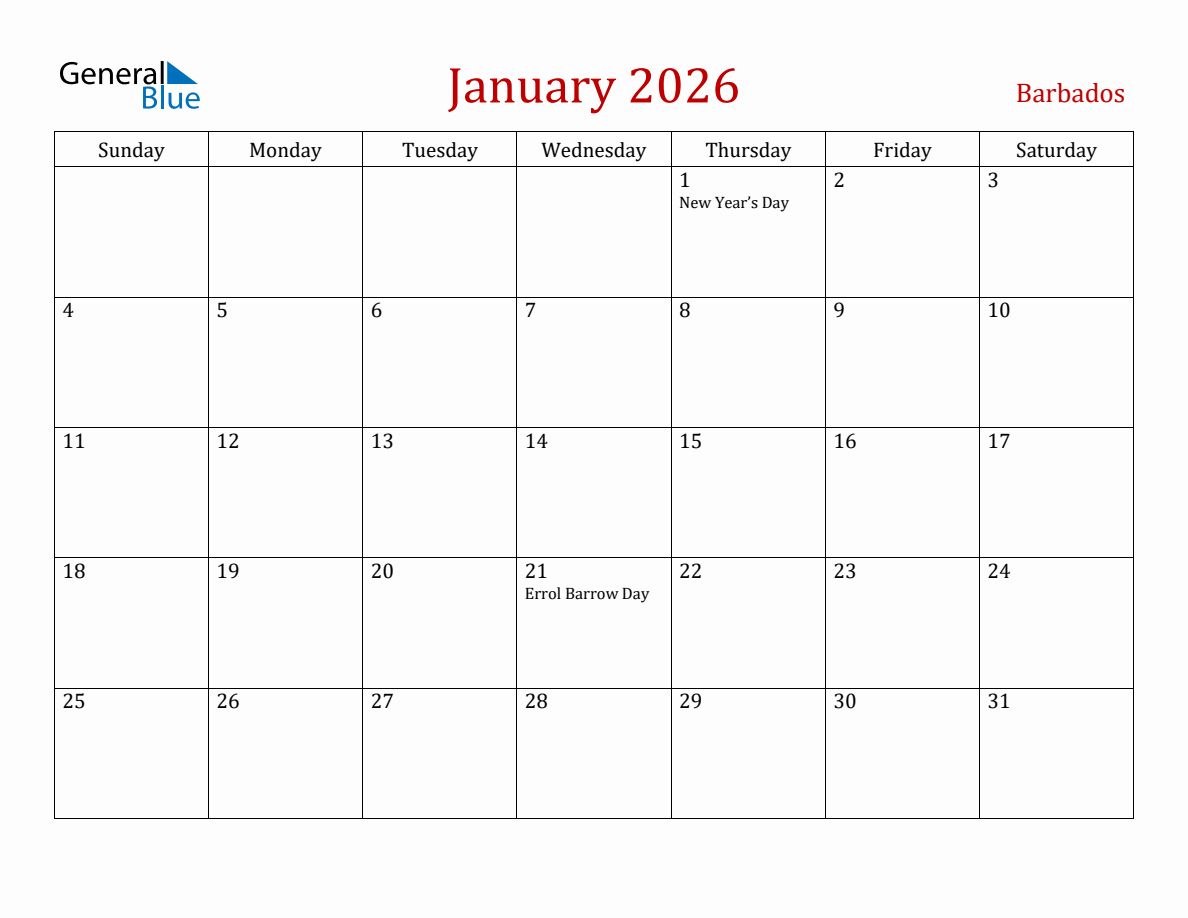 January 2026 Barbados Monthly Calendar with Holidays