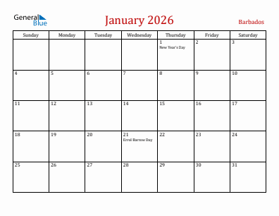 Current month calendar with Barbados holidays for January 2026