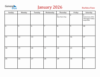 Current month calendar with Burkina Faso holidays for January 2026