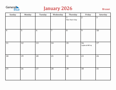 Current month calendar with Brunei holidays for January 2026