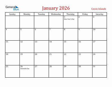 Current month calendar with Cocos Islands holidays for January 2026