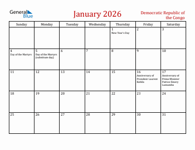 Current month calendar with Democratic Republic of the Congo holidays for January 2026
